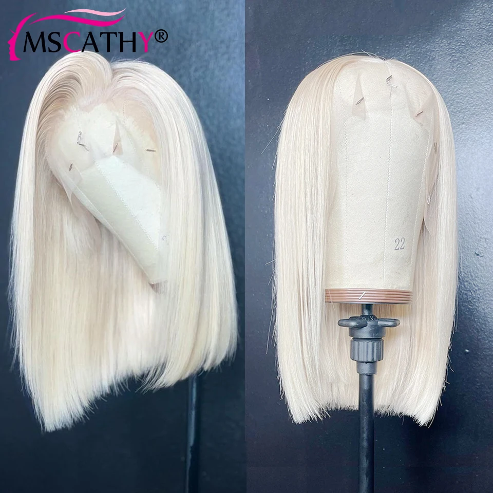 Peluca de cabello humano liso con malla Frontal, pelo corto con corte Bob, color Platino, HD, transparente, predesplumada, 60