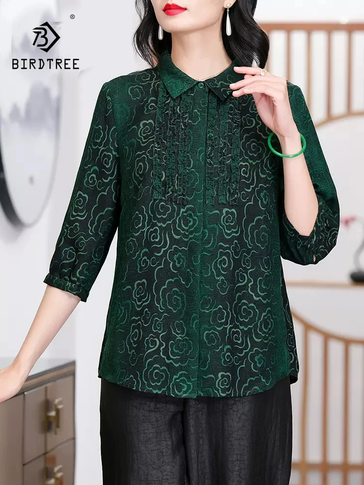 

BirdTree 100%Real Silk XiangYunSha Elegant Shirt, Women Lapel Half Sleeve, Retro Temperament Blouse, 2024 Spring New T42320QC