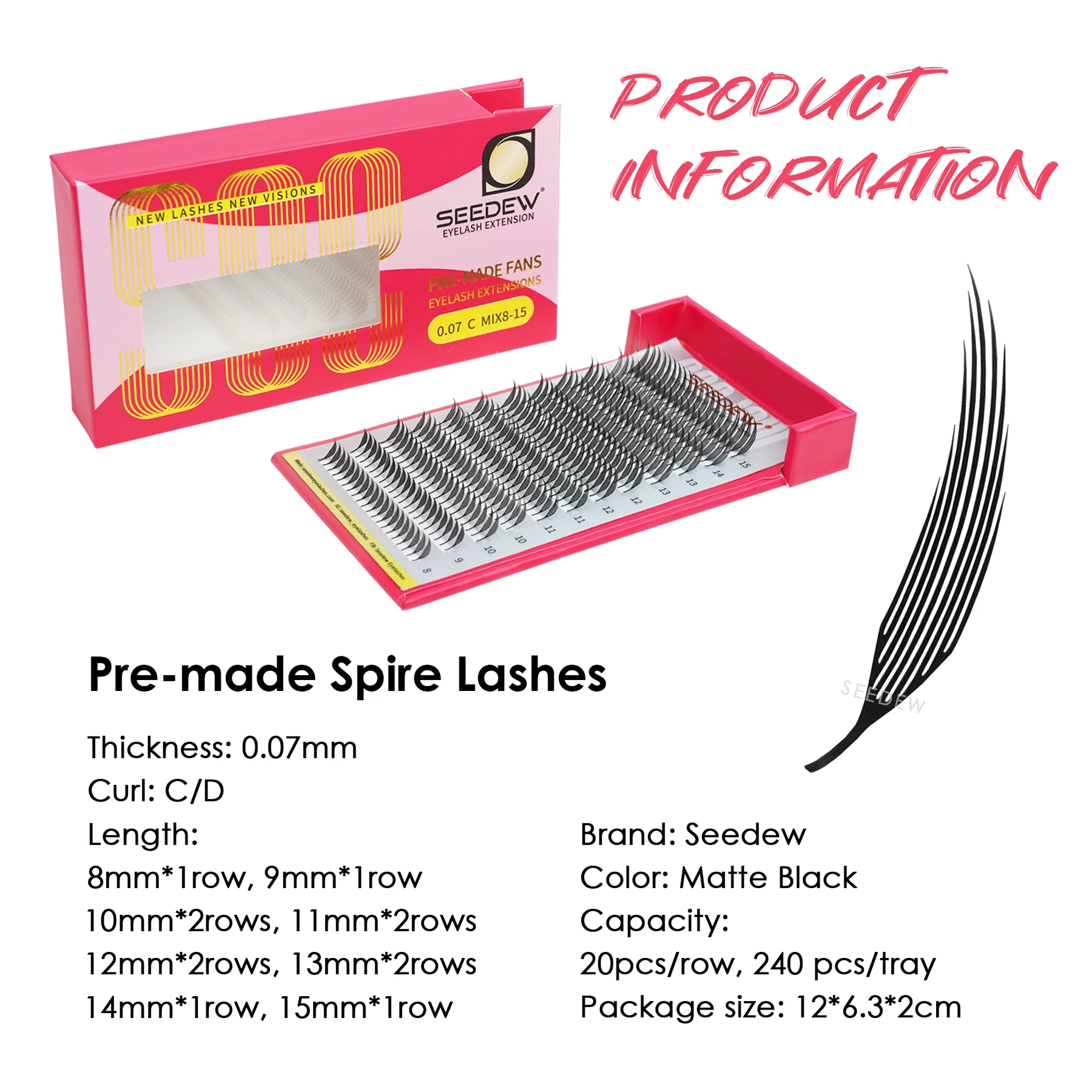 SEEDEW Premade Spire Lashes Comic-style Eyelash Extensions Trendy Lashes 0.07 C/D Curl Mix8-15mm Individual Eyelash