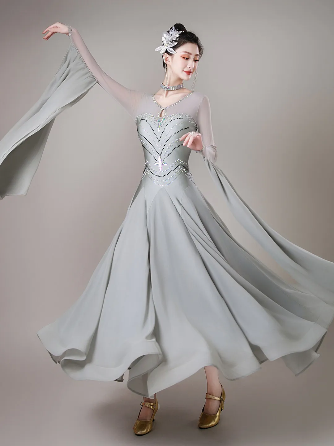 2026 Ballroom Dance Dress Competition Waltz Performance Costumes Clothes Long Sleeves And V-neck Modern Dance Evening Outfit