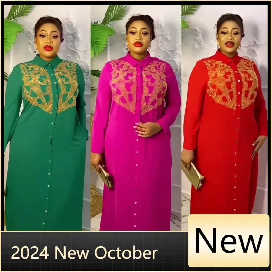 

Customized African American expensive shirtdress solid color front and rear heavy rhinestone embellishment BOUBOU