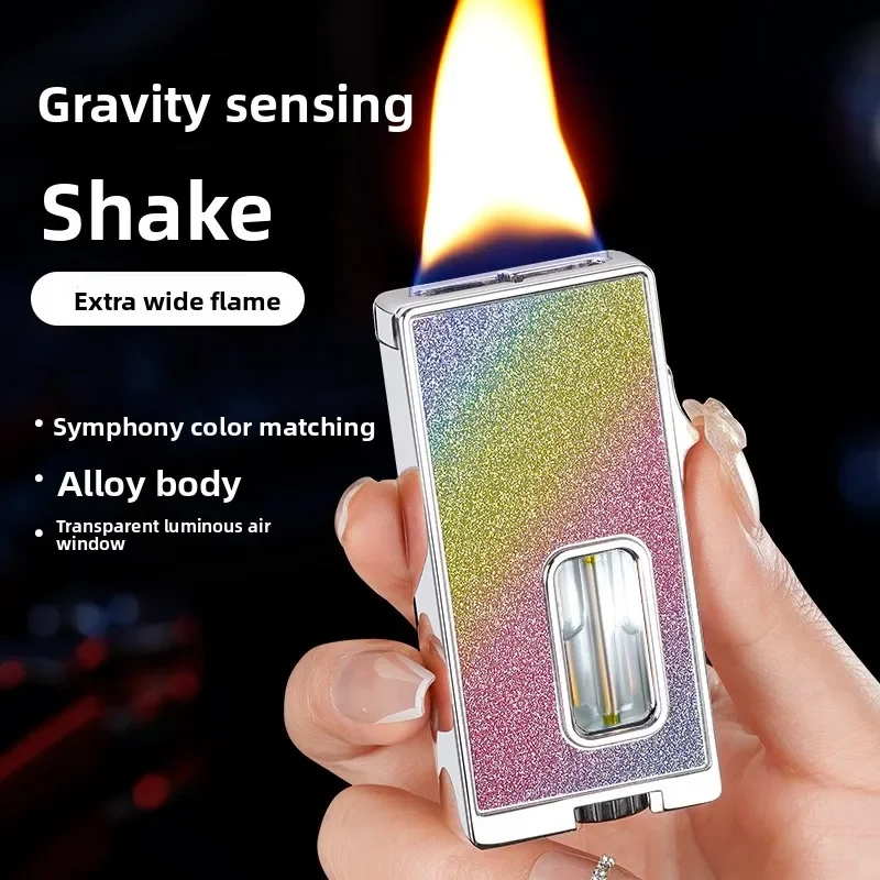 2025 NEW Open Fire Butane Gas Metal Lighter LED Visible Gas Window Sensing Shake Ignition Electric Lighter Smoking Men's Gift