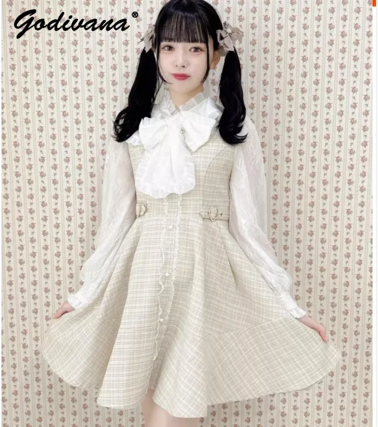 

Japanese Style Rojita Dress Sweet Heart Ruffled Big Bow Collar Lace Mine Long Sleeve Dresses Women Autumn JK Lolita Dress