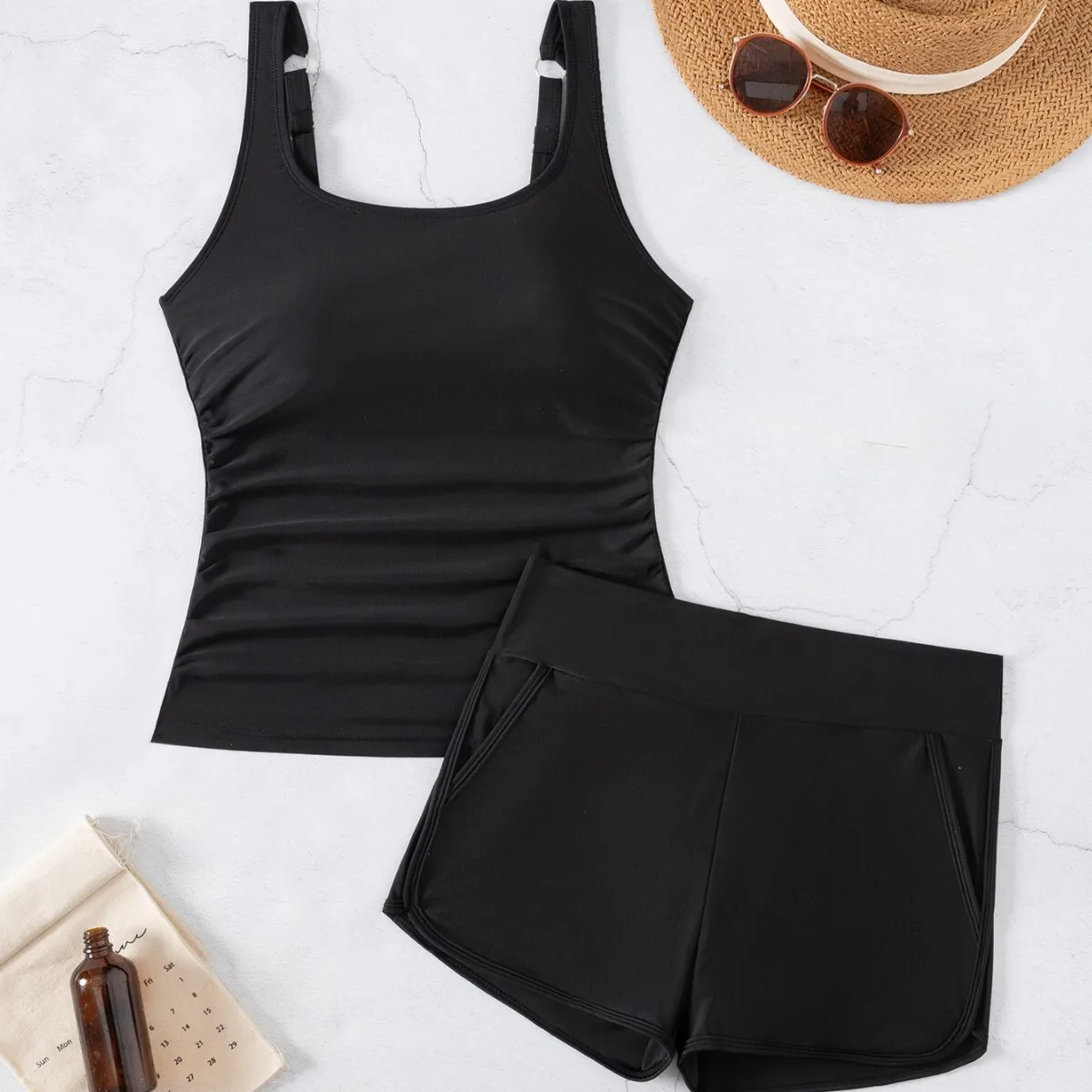 2025 Conjunto de maiô de 2 peças com alça de bolso lateral tankini com gola quadrada sem mangas