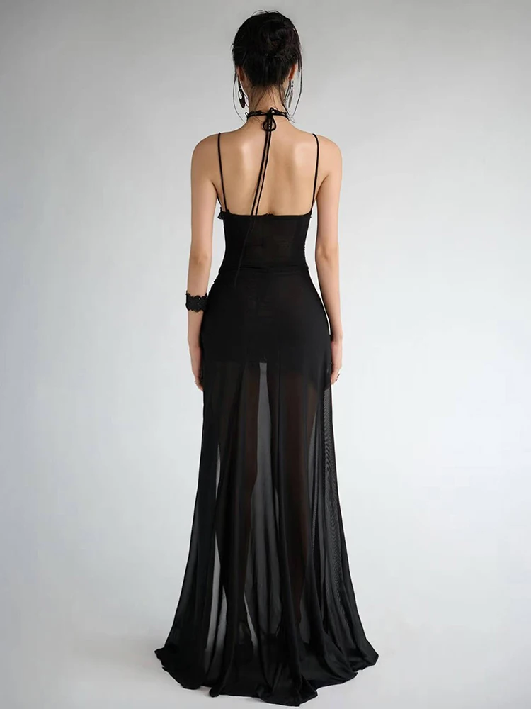 Sukienka na ramiączkach Weird Puss Coquette, damska, wiązana na szyi, marszczona, z falbankami, z siateczkowymi wstawkami, marszczone, seksowne, elastyczne, obcisłe, podkreślające pośladki, idealne na imprezę.