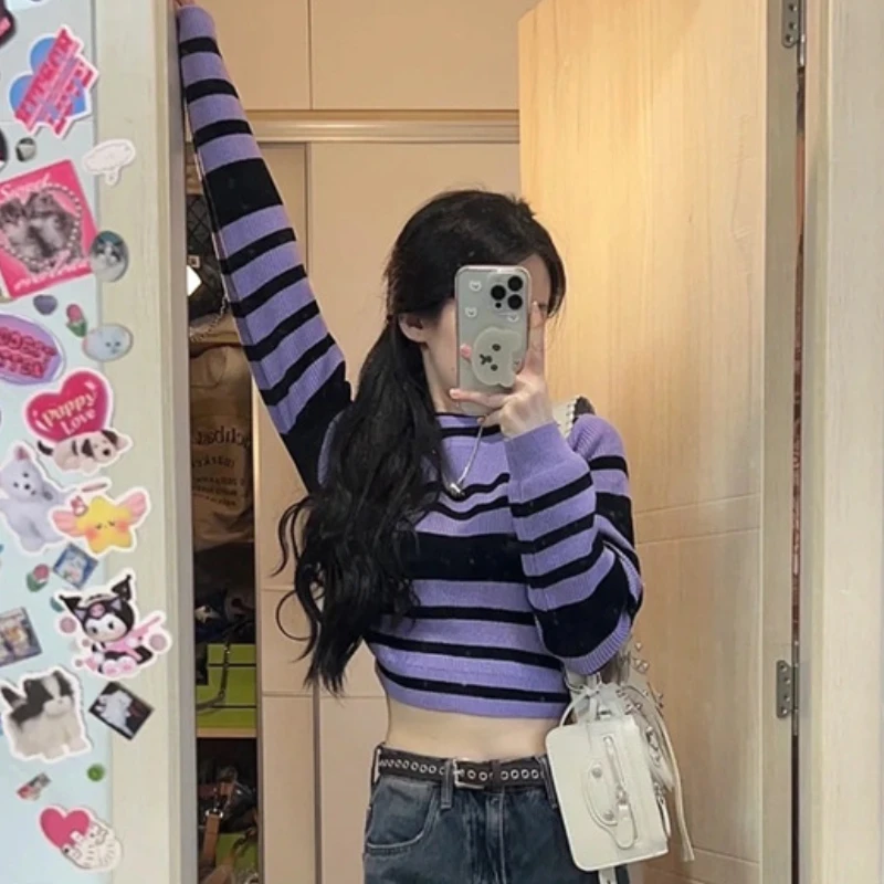 Purple Striped Pullovers Women Cropped Hotsweet Vintage Slim Panelled Sexy European Hipsters Knit Sweater Fashion Basic Personal