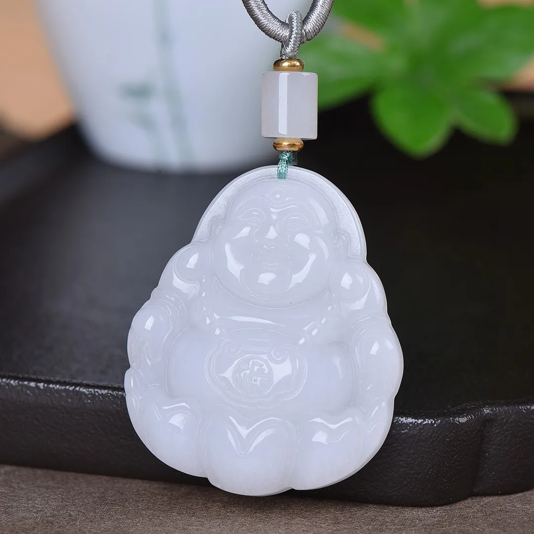 Natural White Jade Laughing Buddha Pendant Necklace Hand Carved Maitreya Buddha Amulet Unisex Lucky Gemstone Pendant