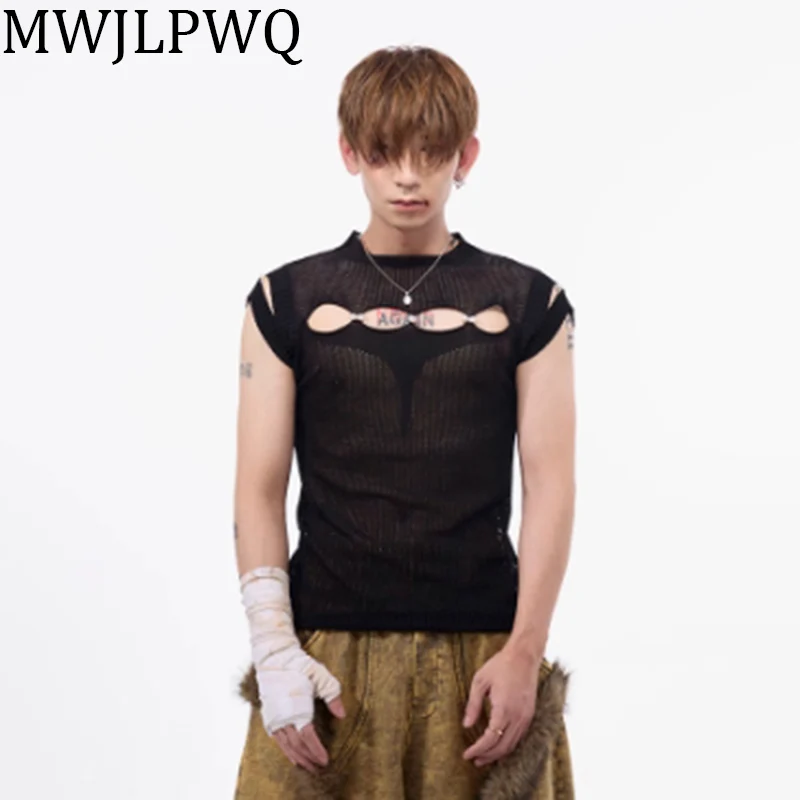 

MWJLPWQ Darkly Hollow Out Handmade Vest Male Summer New American High Street Sleeveless Men's Elegant Tops Tide 010794