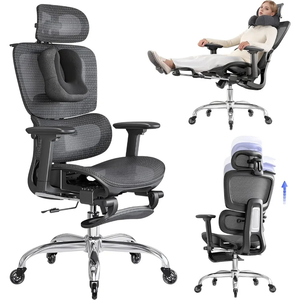 Ergonomic Office Chair with Neck Support and Footrest, Adjustable Backrest Computer Chair with 3D Armrests and Rubber Wheels