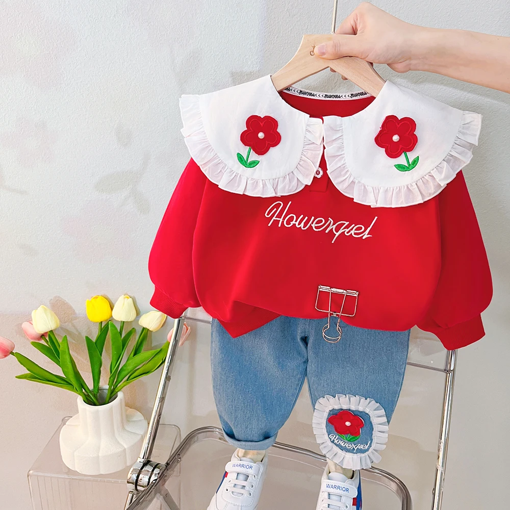 Baby Girls Clothing Sets 2023 Spring Kids Lace Floral T Shirt Jeans 2 Pcs Suits Infant Casual Clothes Outfits Children Costume