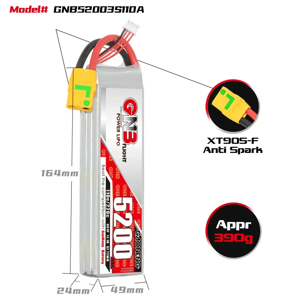 GAONENG GNB 5200mAh 3S 110C 220C 11.1V XT90S LiPo Battery 1/10 1/8 1/7 Scale RC Hobby Electric RC Devices Axial Lock Crawle