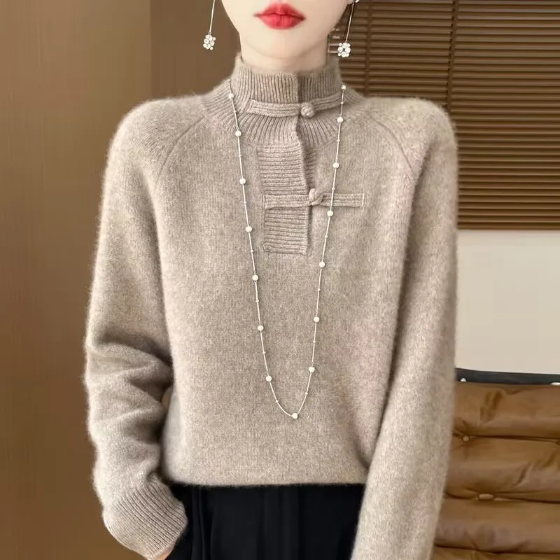 

Осенне-зимний женский свитер с воротником-стойкой в китайском стиле, толстый вязаный топ для женщин, пуловер, розовый, красный