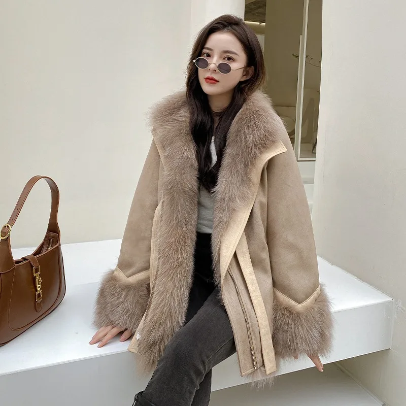 UMI MAO الجلد المدبوغ المرقعة الثعلب الفراء مبطن معطف للنساء منتصف طول نمط جديد جلد الغنم قطعة واحدة معطف المرأة فام