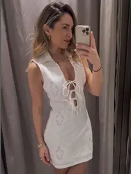 TRAF 2024 Summer Elegant Embroidery Mini Dress Sleeveless Women's Dress Sexy Bandage Tie White Dresses