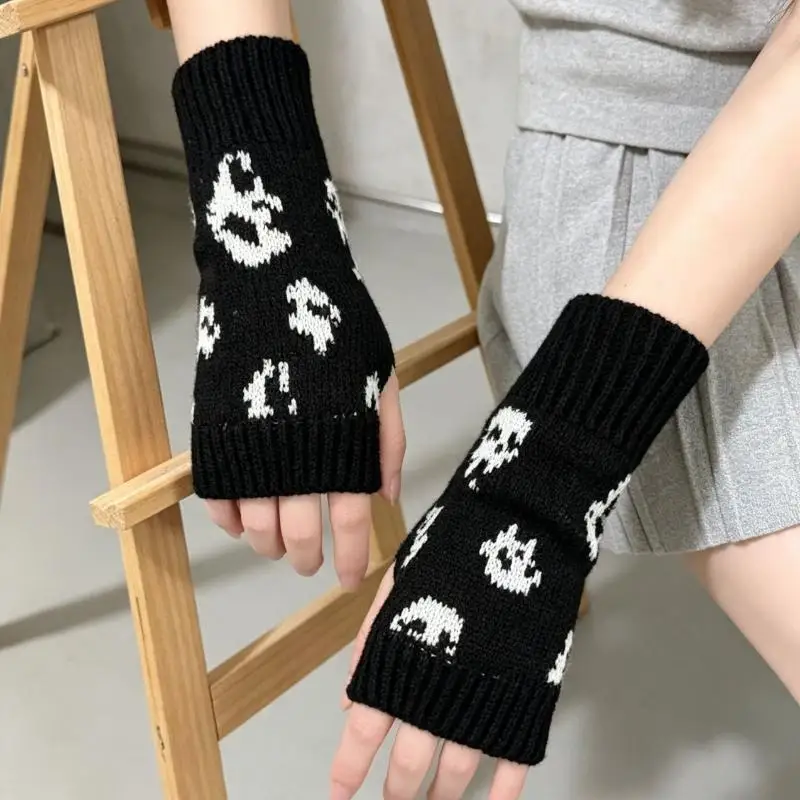Neue Halloween-Totenkopf-Strickhandschuhe für Halbfinger-Fingerlose Handschuhe, Warme Winter-Wollhandschuhe für Draußen – Detail 3