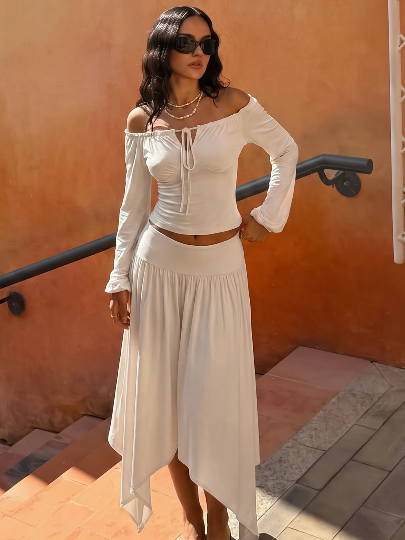 Hugcitar Fashion 2 Piece Sets Solid Long Sleeve Drawstring Bandage Crop T-Shirt Midi Skirt Irregular Women Outfit Birthday Party