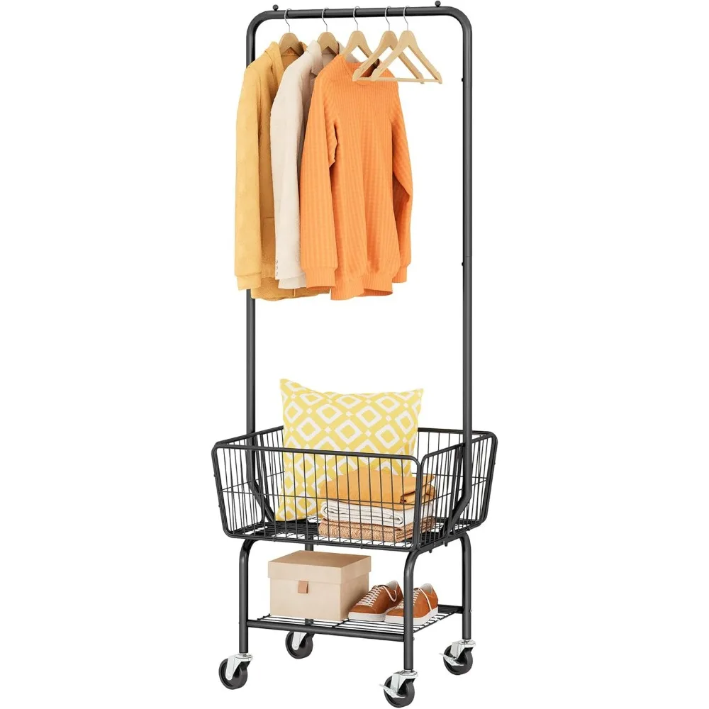

Metal Laundry Cart with Wheels, Hanging Rack, Storage Basket and Shelf in Black