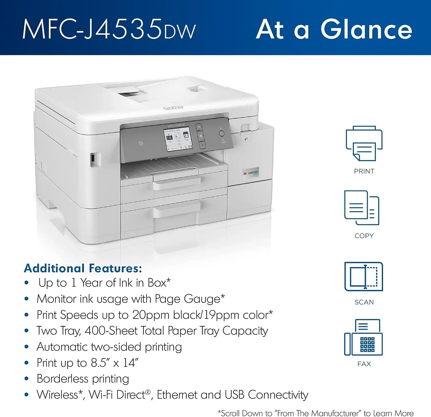 MFC-J4535DW INKvestment - طابعة نافثة للحبر ملونة الكل في واحد مع NFC، طباعة مزدوجة لاسلكية بالإضافة إلى ما يصل إلى عام واحد من الحبر في الصندوق