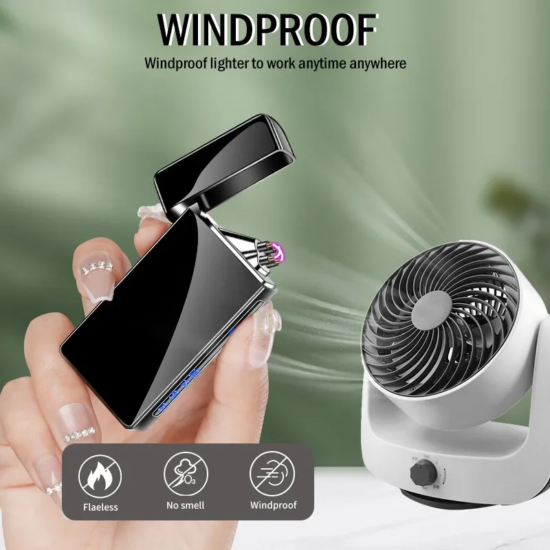 Windproof Metal Lighter Dual Arc Flameless Plasma Rechargeable USB Type-C Lighter LED Power Display Touch Sensor ElectricLighter