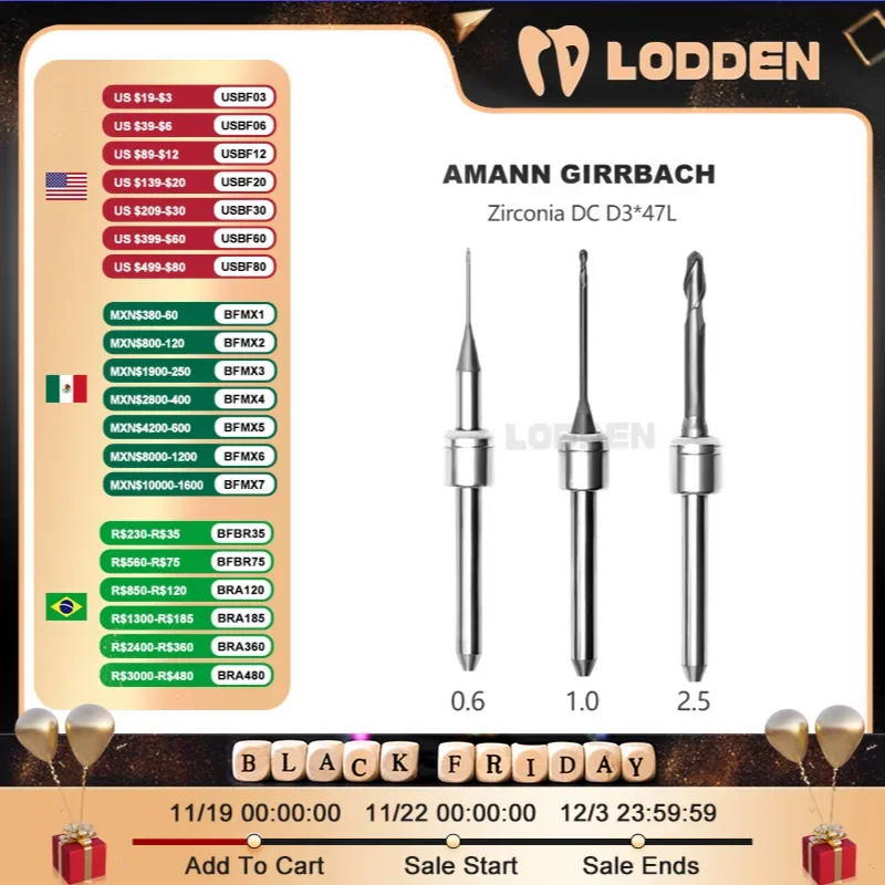 Amann Girrbach Dental Milling Burs For Grinding Zirconia Shank 3mm L47mm DC Diamond Coating Drill Diameter 2.5/1.0/0.6mm Tools