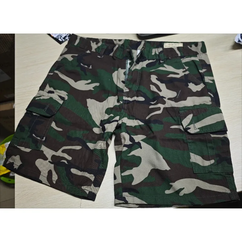 2026Pure cotton loose American multi-bag overalls shorts retro men's casual five-point pants straight camouflage pants