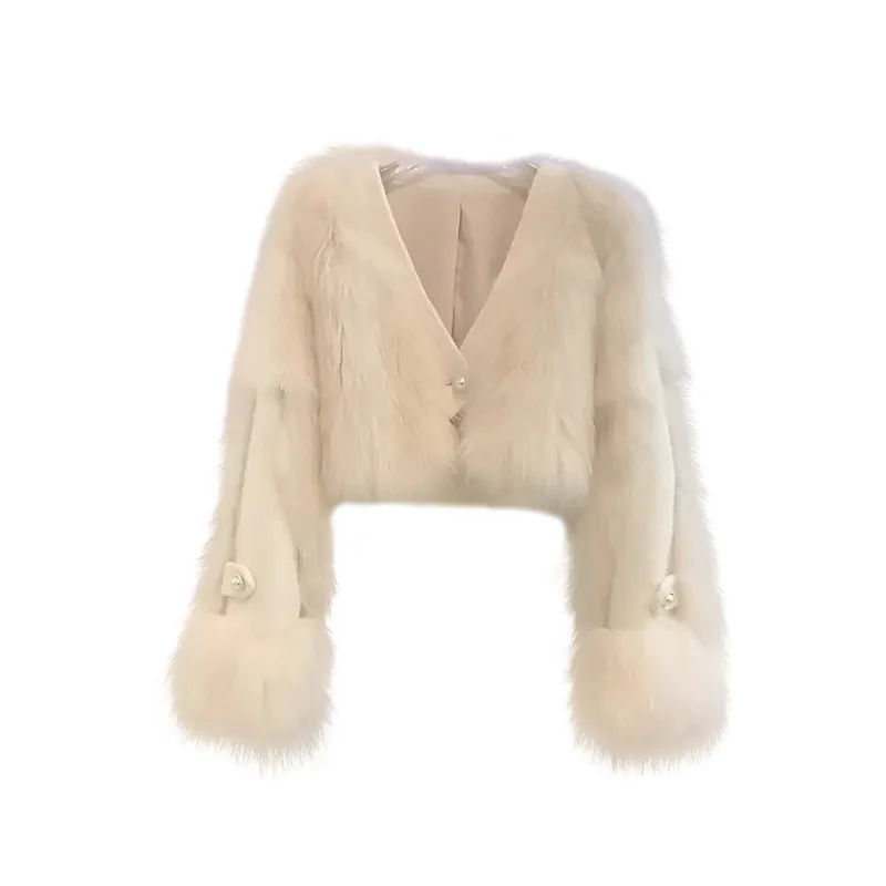 معاطف نسائية من الفرو الصناعي سترات من الفرو الصلب قصيرة بياقة على شكل V وأكمام طويلة وزر واحد سميك ودافئ وفرو فضفاض غير رسمي لخريف وشتاء 2025 #6