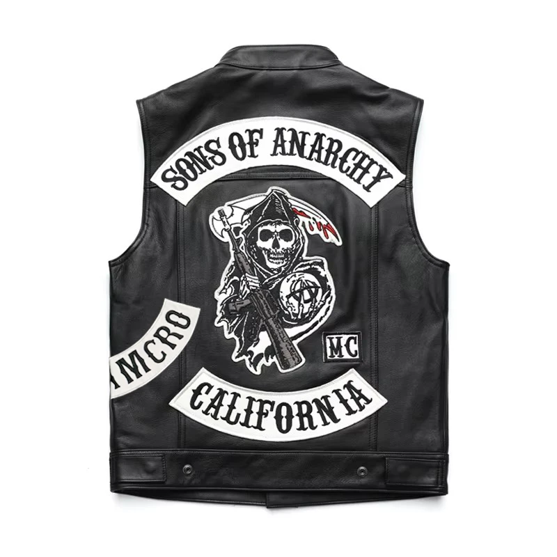 Men Motorcycle Spring Jackets SOA Punk Black Motorbike Gilet Sons of Anarchy Leather Moto Jacket Vest