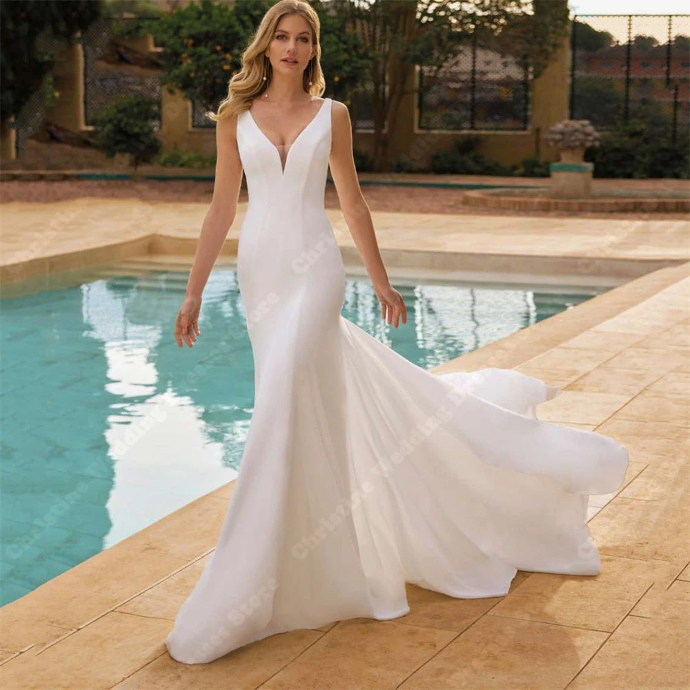 Abiti da sposa da donna Sexy con scollo a v eleganti abiti da sposa a sirena senza maniche personalizzati banchetto di fidanzamento Vestidos De Novias 2024