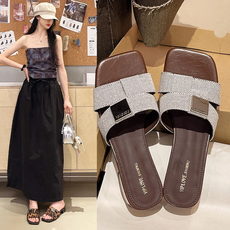 Women's Summer Square Toe Block Heel Slide Sandals Leopard Print Checkered Single Strap Slip On Casual Outdoor Mule Slippers 2