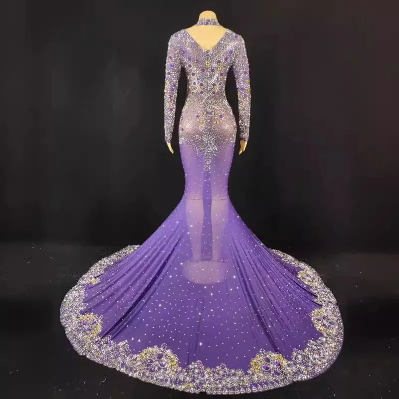 เพชรชุดวันเกิดขายร้อนนักร้องหญิงGorgeous Court Rhinestoneสีม่วงชุดผลกําไรในรอบเต้นรําVestidos De Fiesta De Lujo