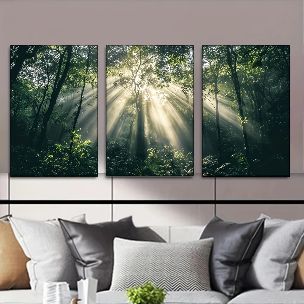 （NO Frame 3PCS）-2D Flat, 2D Flat, 3pcs/Set, Canvas Painting--Unframed, Ray of Sunshine in The Green Forest, Artist Drawing Se