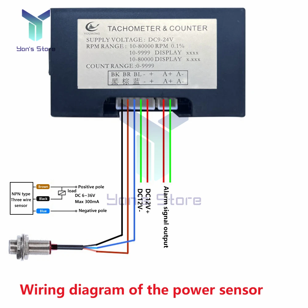 Tachometer Counter DC9-24V 0.56 Inch Electronic Digital Display Tachometer Gauge Sensor 30-80000RPM Motor speed meter YH-TC01