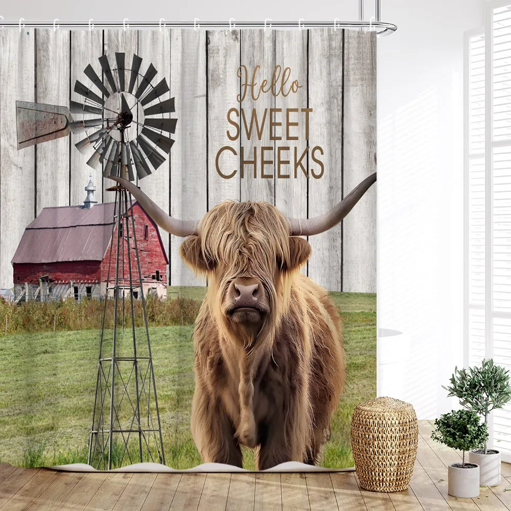 Farm Highland Cow Shower Curtain, Barn Rustic Plank Donkey Horse Sunflower Floral Windmill Print Home Bathroom Decor with Hooks