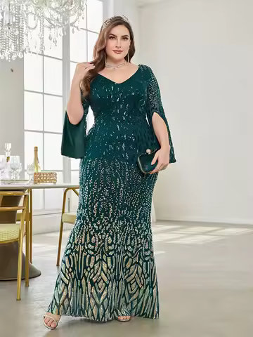Plus Size Elegant Sequin Black Evening Dress 2025 Women Formal Maxi Prom Long Sleeves Party Luxury Cocktail Dress