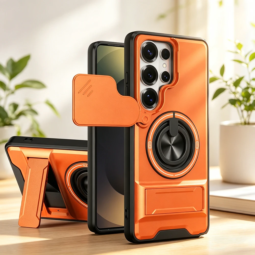 Case For Samsung Galaxy S26 S25 S24 S22 Ultra S25 FE S24 FE S25 Edge Plus Lens Sliding Window Holder Magnetic Ring Bracket Cover