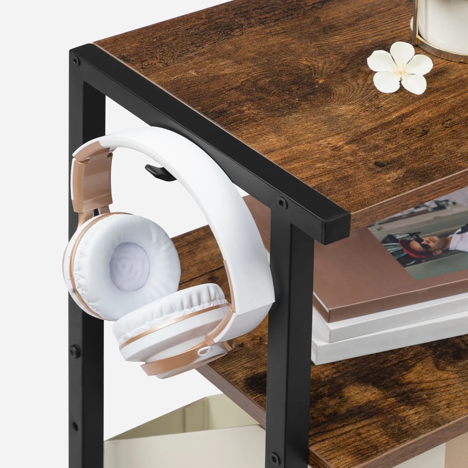 Hoebro-Mesa de impresora de 3 niveles, carrito con ruedas, soporte de impresora ajustable en altura, con 3 estantes y 2 ganchos para el hogar y la