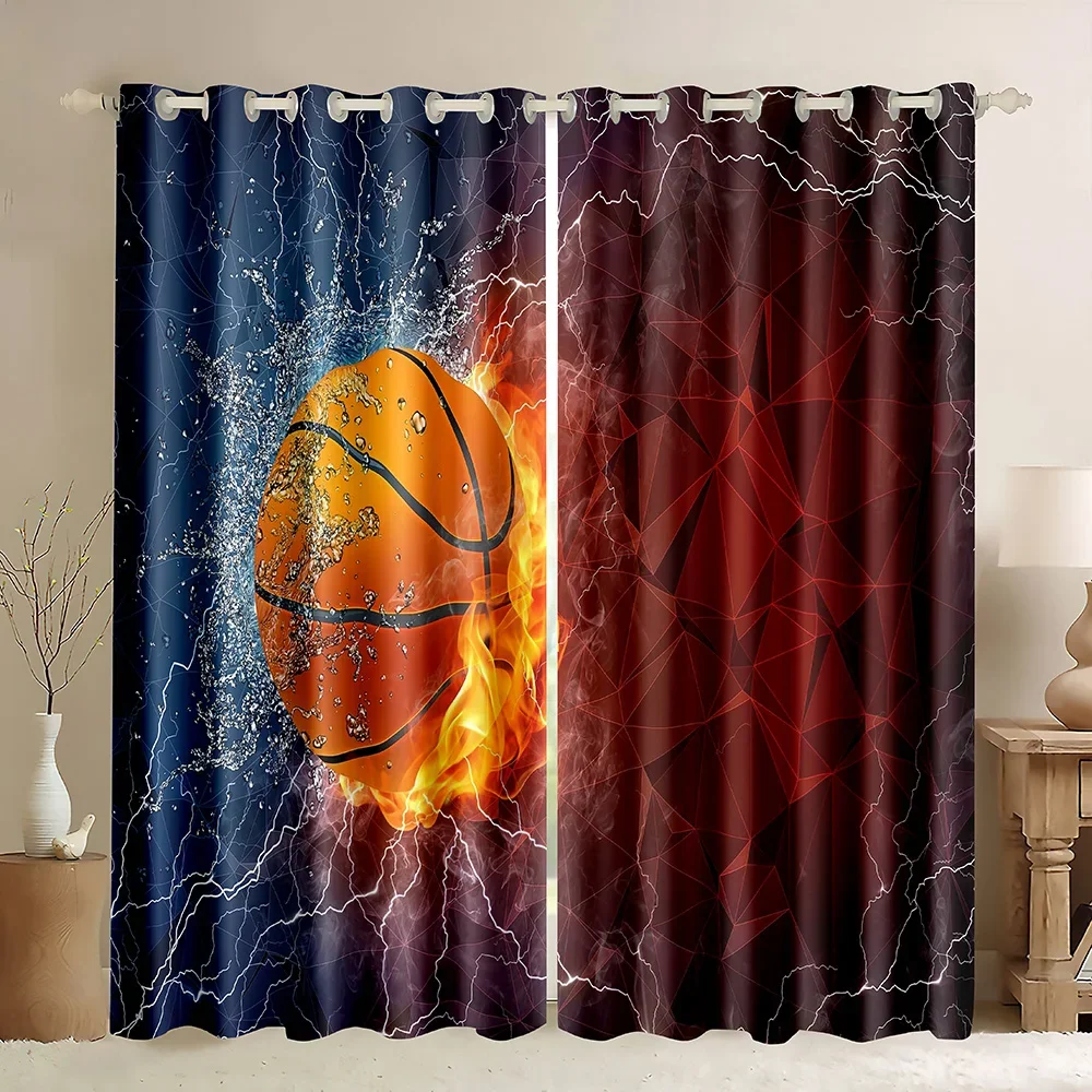 Boys Sports Window Curtains,Abstract Flame Basketball Theme Wall Decor 3D Ball Art,Basketball Court Print Blackout Curtains