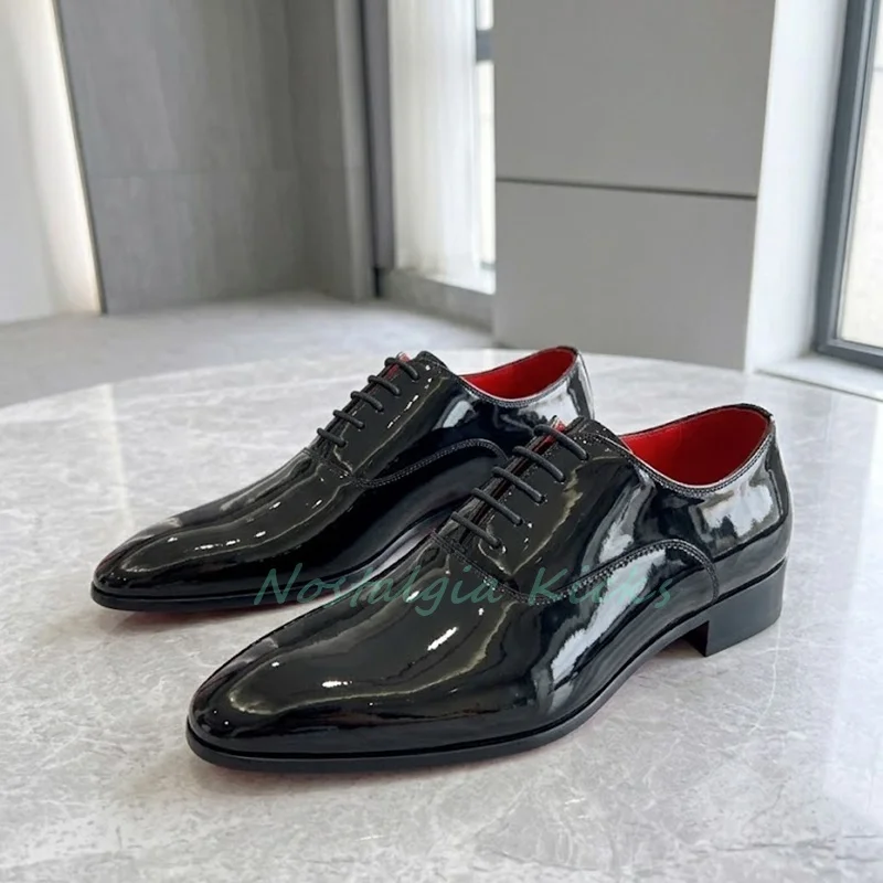 Men Glossy Patent Oxford Dress Shoes Lace Up Pointed Toe Formal Business Wedding Shoes Red Insole Low Block Heel Flats Footwear