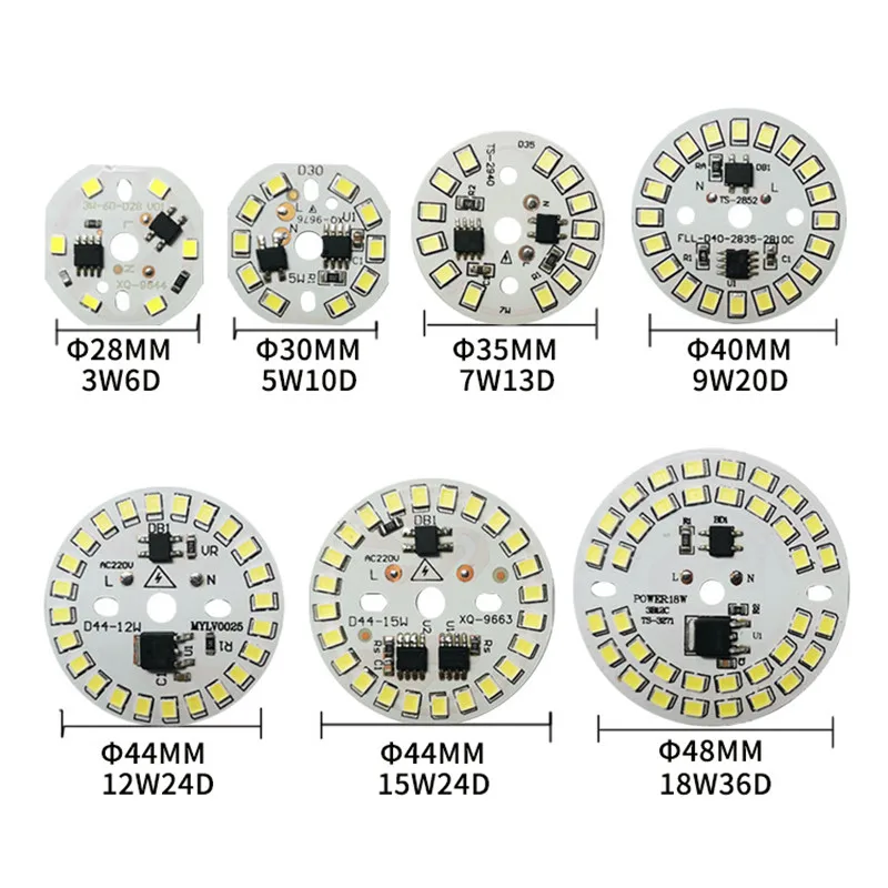 50pcs AC220V LED module PCB plate 2835 SMD blub Lamp cob Chip 3w 5w 7w 9w 12w 15w 18w Smart IC light panel 220v White 6000-6500K