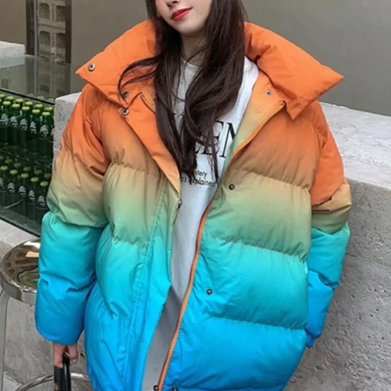 Imagem -04 - Jaqueta Coreana com Capuz Gradiente Cor Puffer para Mulheres Cabolsa Casual Solto com Zíper Parka Grossa Quente Outwear Feminino Nova Moda Inverno 2024