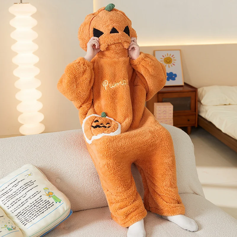 Halloween Funny Pumpkin Pajamas One-piece Cral Fleece Thick and Warm Home Wear Autumn Winter for Women