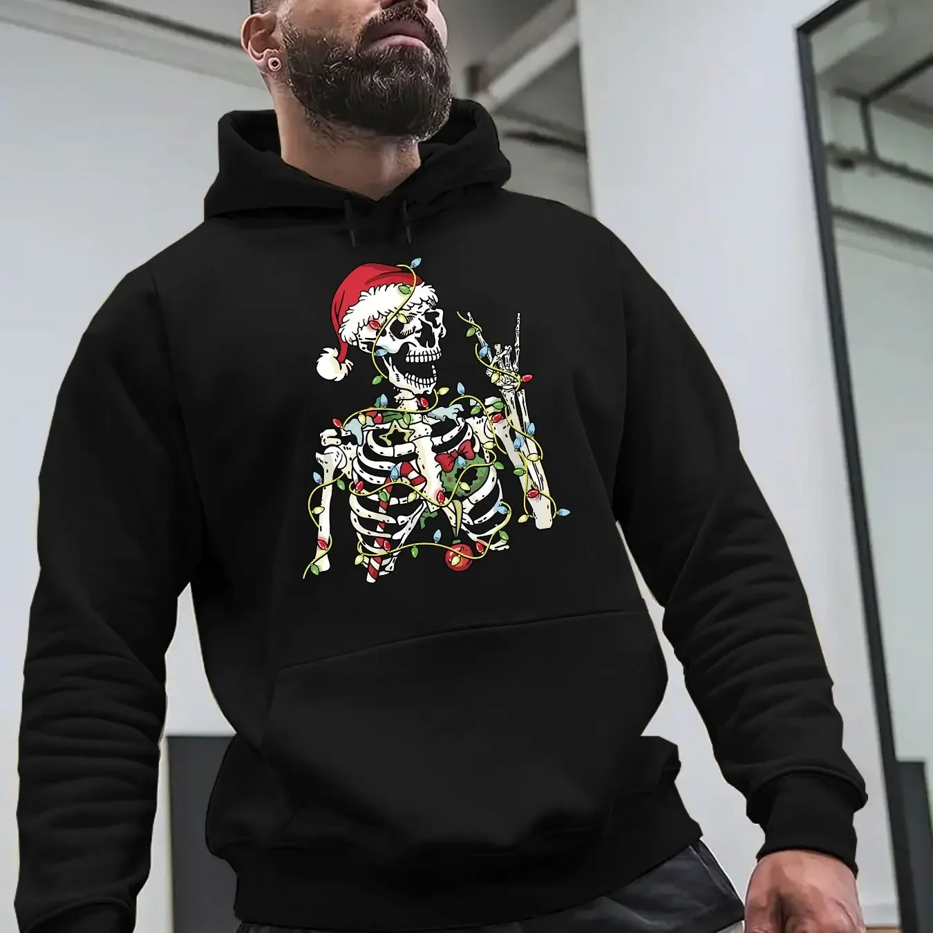 Spooky Xmas Skull Skeleton Santa Cap Multicolor String Light Edgy Casual Holiday Hooded Sweatshirt Men Women Christmas Hoodie