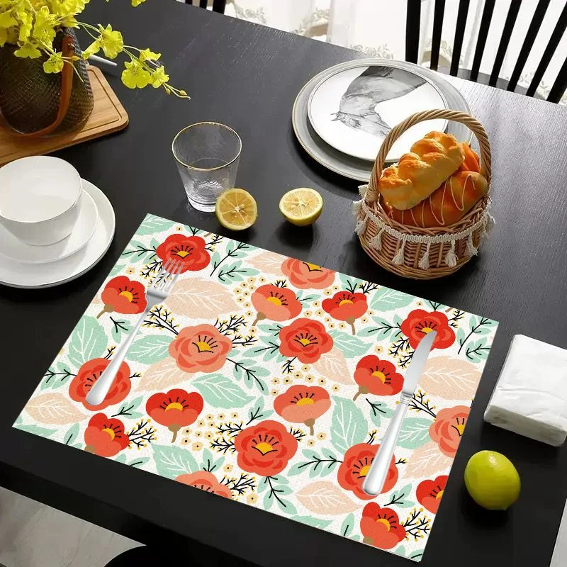 VIKAMA Placemat Red Flowers Green Leaves, Waterproof Oil-Proof Heat-Resistant Dining Table Mat for Home