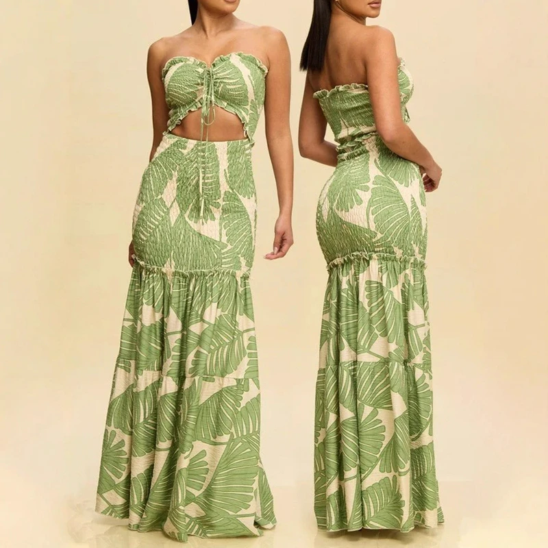 

Новое модное женское платье 2026 года в европейском и американском стиле: облегающее, без бретелек, с вырезами, подчеркивающее талию, с принтом