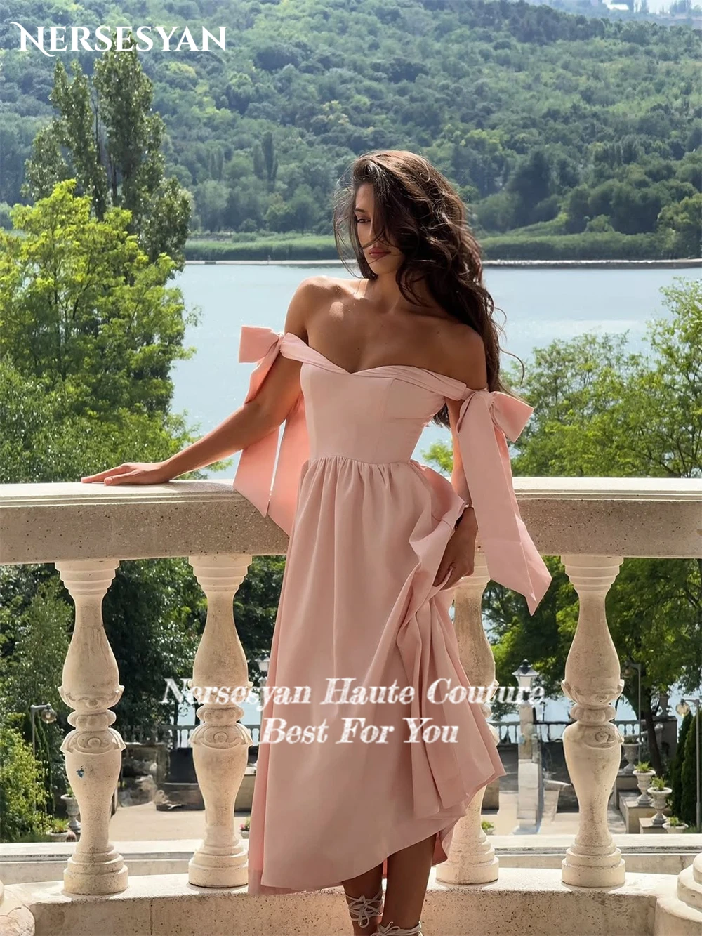 Nersesyan Blush rose Satin robes de bal bretelles à nœud une ligne robe de soirée formelle dos nu Occasion spéciale robes de soirée personnalisées