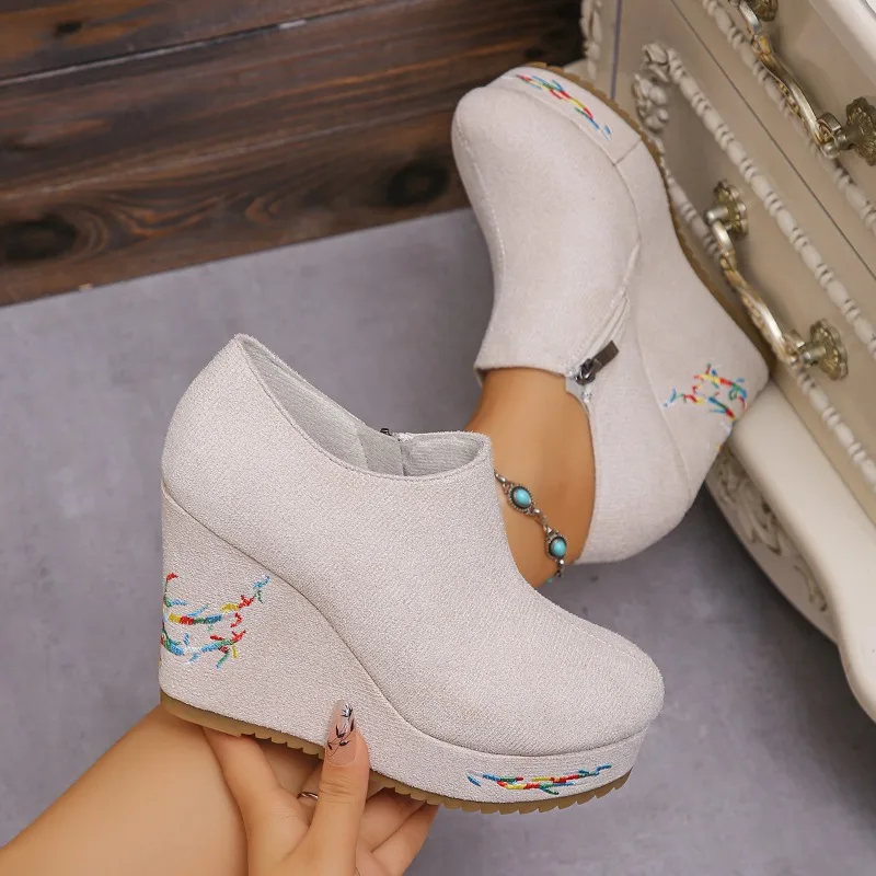 Women's Vintage Solid Color Comfortable Wedge High Heel Shoes Women Side Zipper Fashion Low Top Single Shoes Spring and Autumn