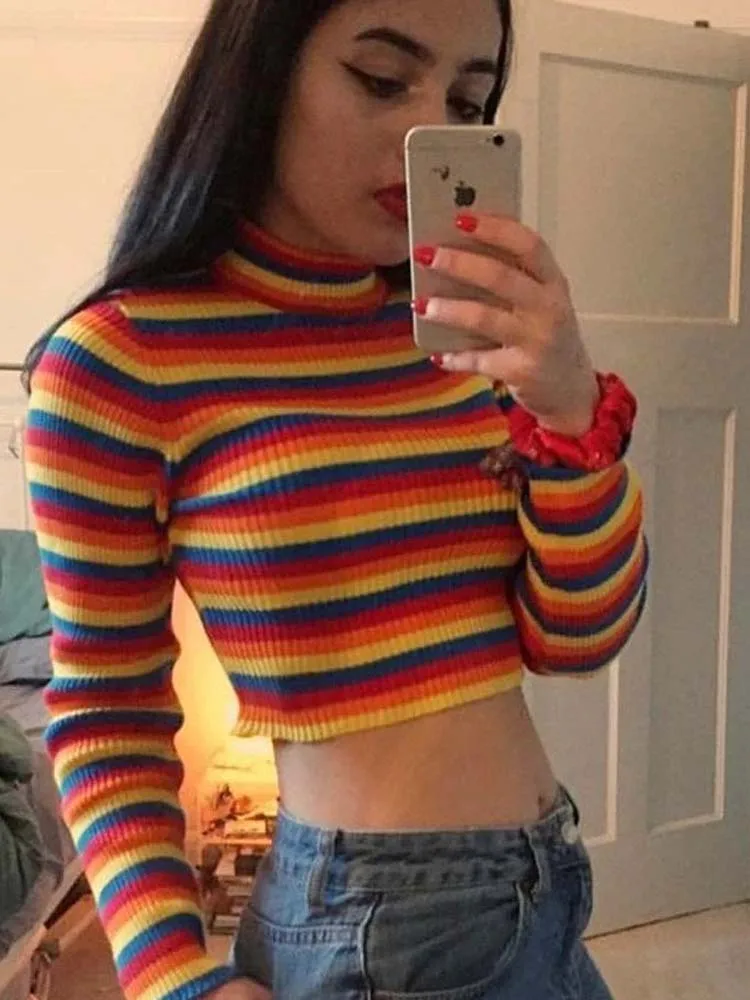 Striped Knitted Sweater Women Elegant Slim Rainbow Pullover Winter Fashion Sexy Short Knitwear Lady Turtleneck Long Sleeve Tops