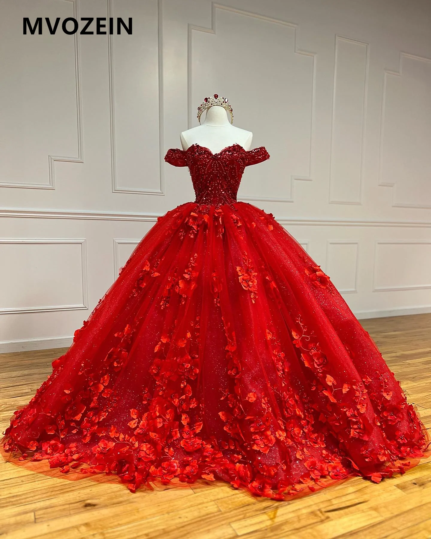 Red 15 Quinceanera Dresses 2024 Off The Shoulder Crystal Beading Puffy 15 Years Old Dresses Puffy Party Gowns