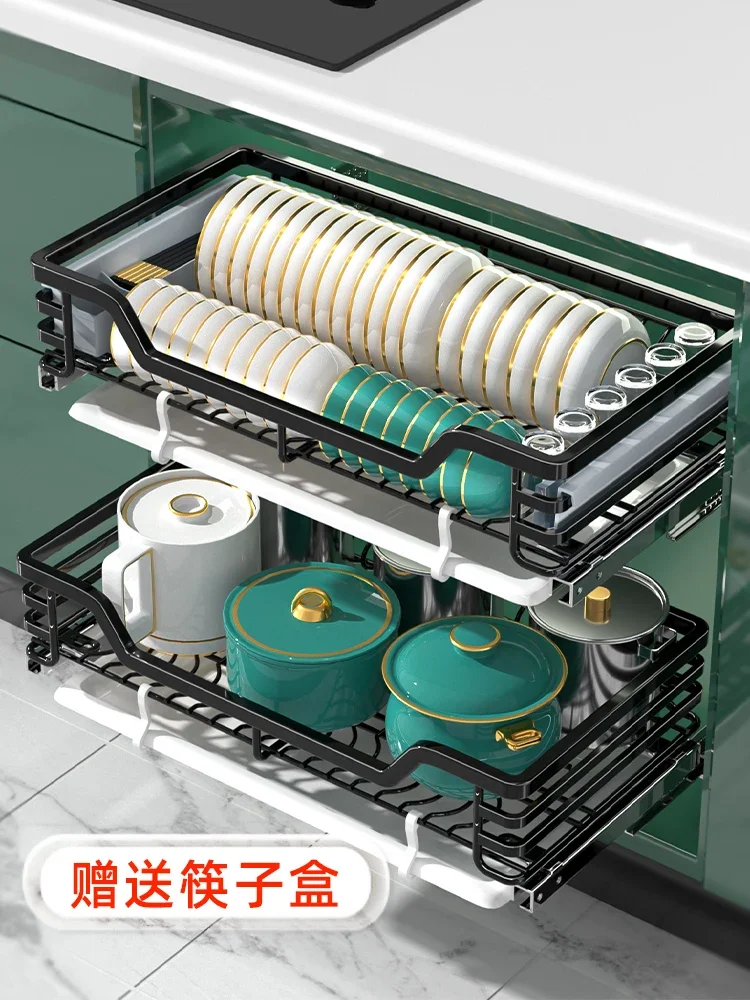 Pulling basket kitchen cabinet double layer drawer type bowl basket 304 stainless steel bowls, plates, bowls, cabinets