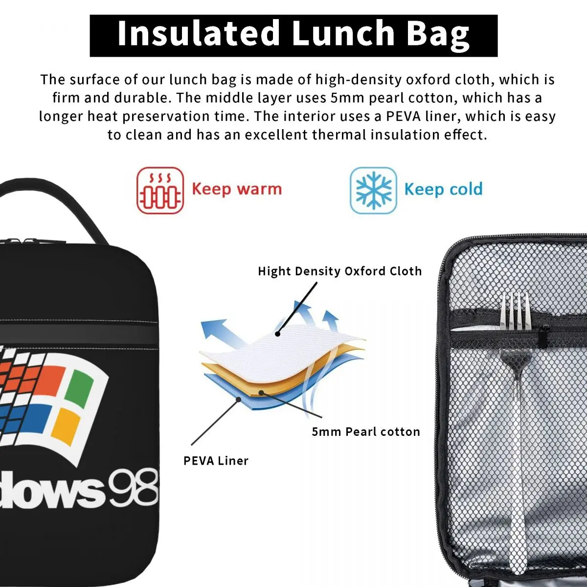 Bolsa de almuerzo aislada con logotipo apilado de Windows 98, bolso de mano para alimentos